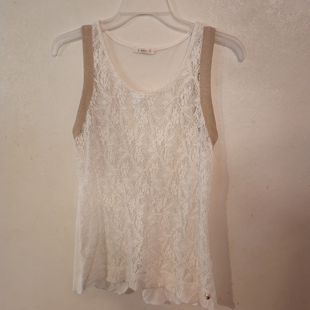 💕5 For $20 Maria Filo White Lace Gold Trim Sleeveless Blouse